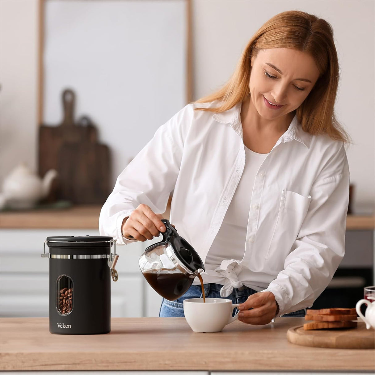 Veken Canister de Café con Ventana, Apto para Alimentos, 22OZ