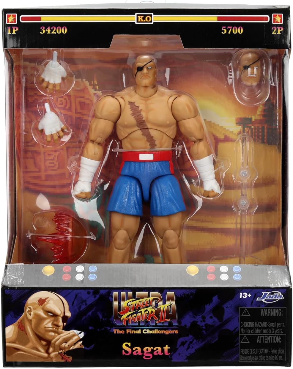 Figura de acción Sagat Street Fighter II Jada, articulada, accesorios y soporte, 7.6