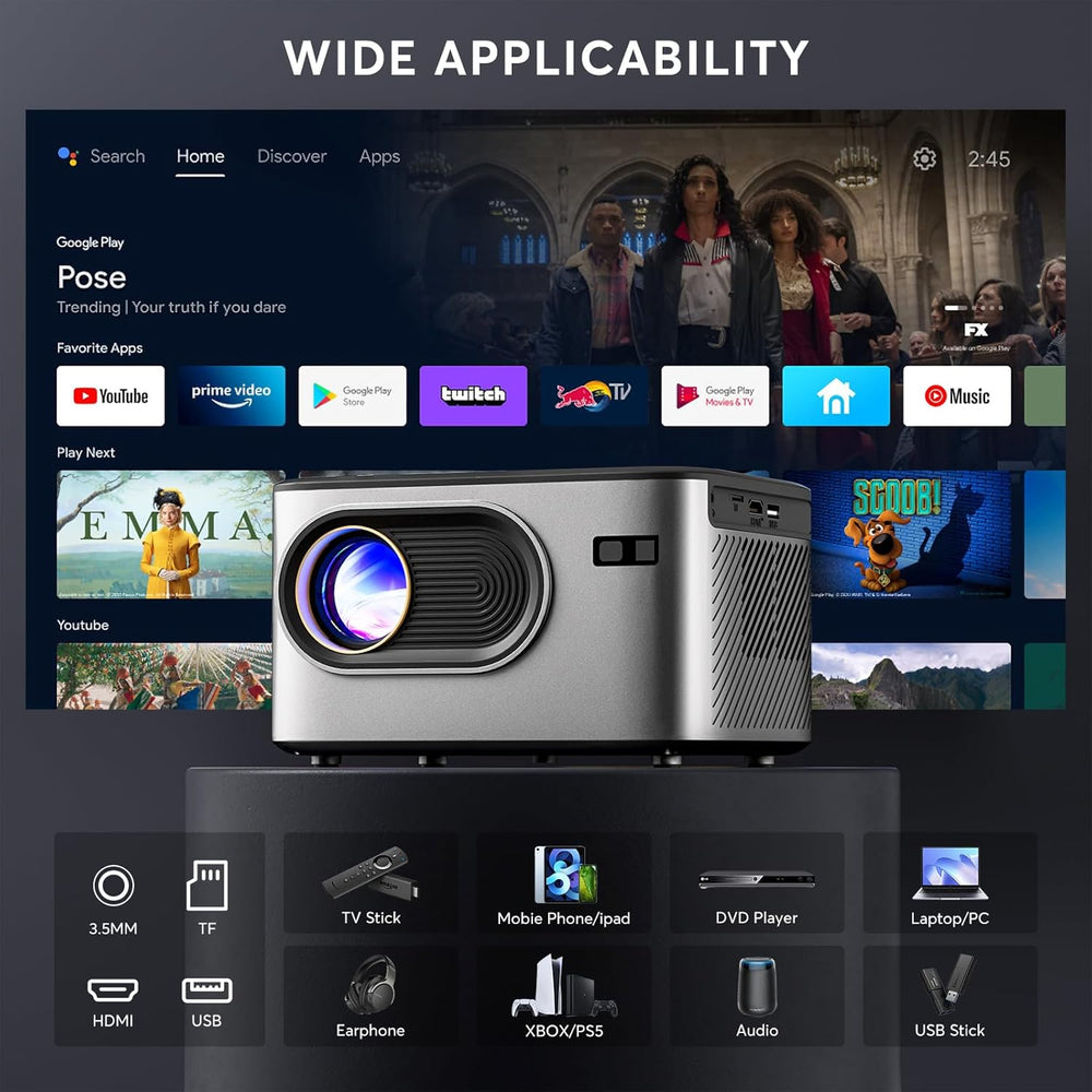 Proyector PANSEBA 4K, 1080P Bluetooth, portátil para cine