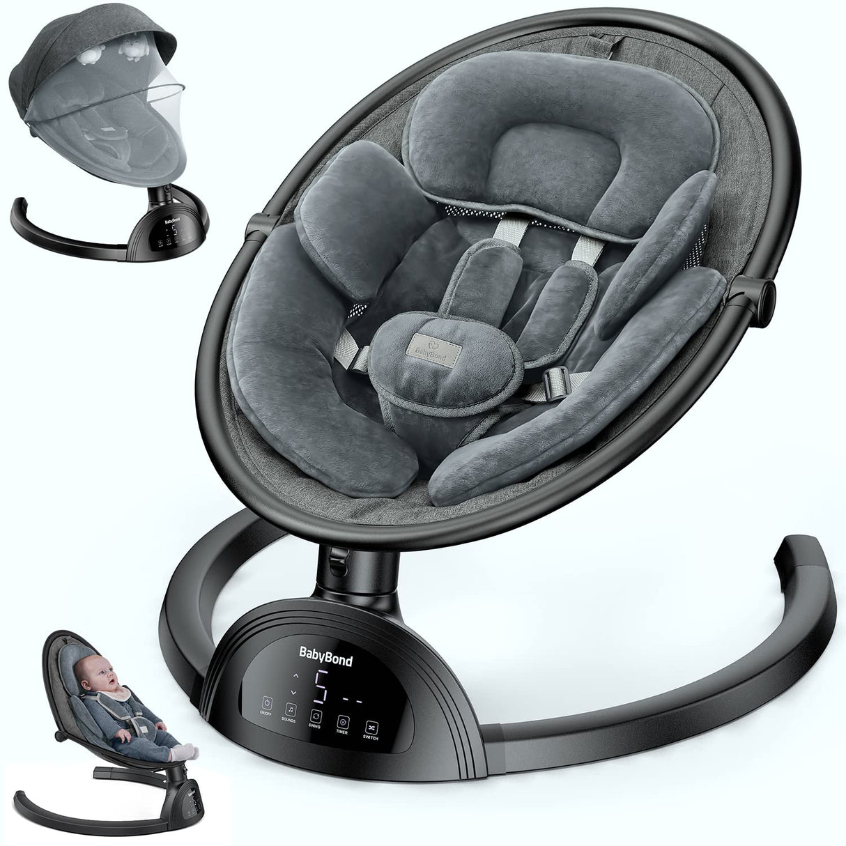 BabyBond Columpios de bebé para bebés, columpio infantil Bluetooth con altavoz de música con 3 posiciones de asiento, cinturón de arnés de 5 puntos, 5 velocidades y control remoto, columpio portátil
