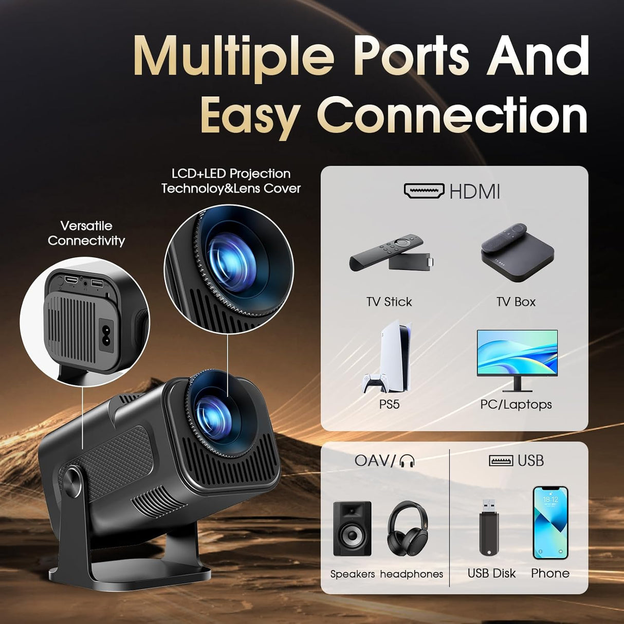 Proyector Mini 1920x1080P, WiFi, Bluetooth, Auto Keystone, 4K