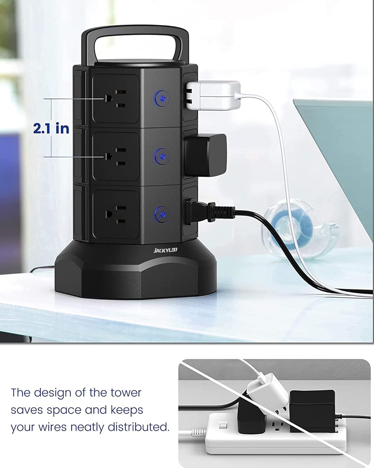 JACKYLED - Regleta de alimentación con protección contra sobretensiones, torre eléctrica de sobretensiones de 1625 W, 13 A, 12 tomas, 6 puertos USB, estación de carga con cable de extensión resistente
