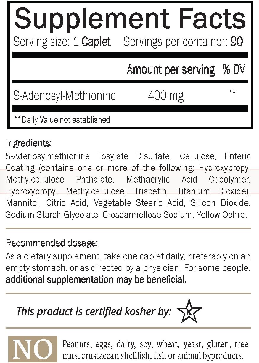 Suplemento SAM-e 400 mg 90 cápsulas Vegano Kosher