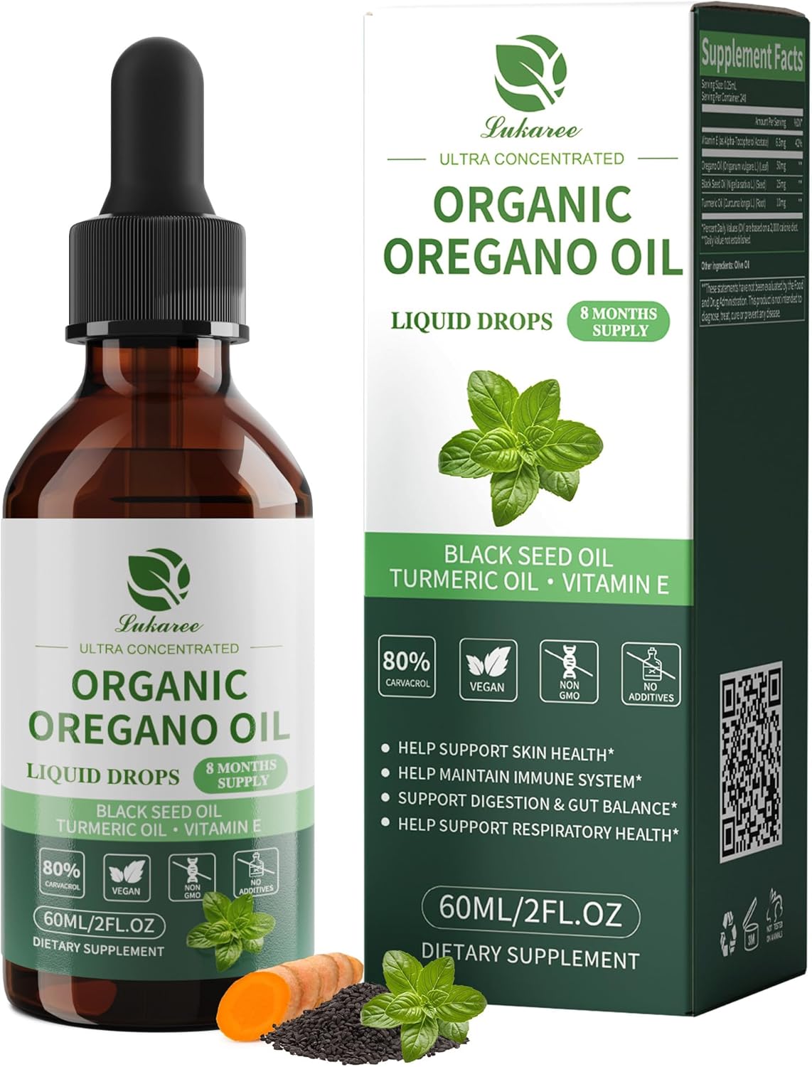 Aceite de Orégano Orgánico 80% Carvacrol con Semilla Negra, Cúrcuma y Vitamina E - Apoyo Inmunológico, Respiratorio y Digestivo - Vegano, Sin Azúcar, No GMO, 8 meses, 2 oz