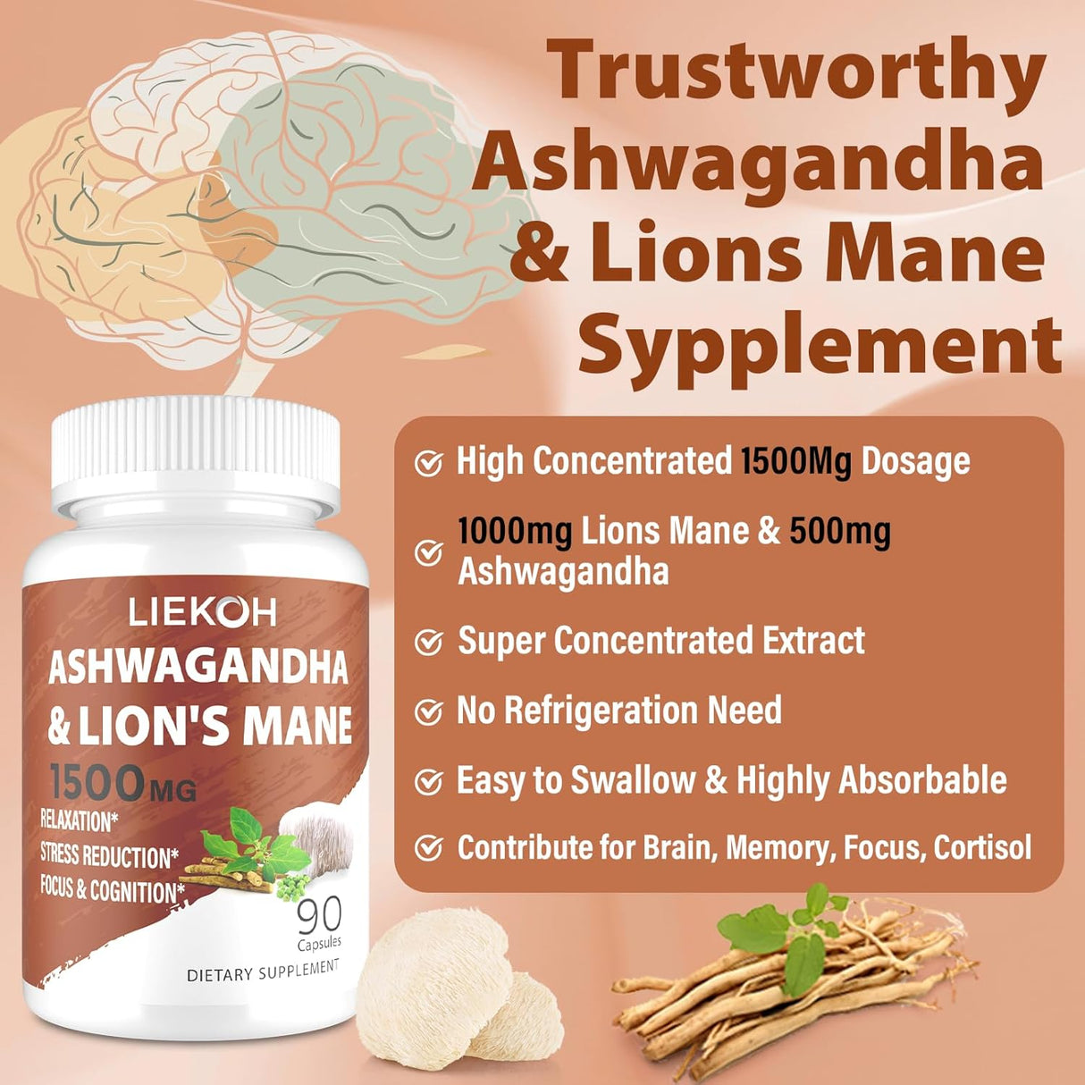 Cápsulas de Ashwagandha y Lion's Mane, Suplemento Cerebral, 90 Caps