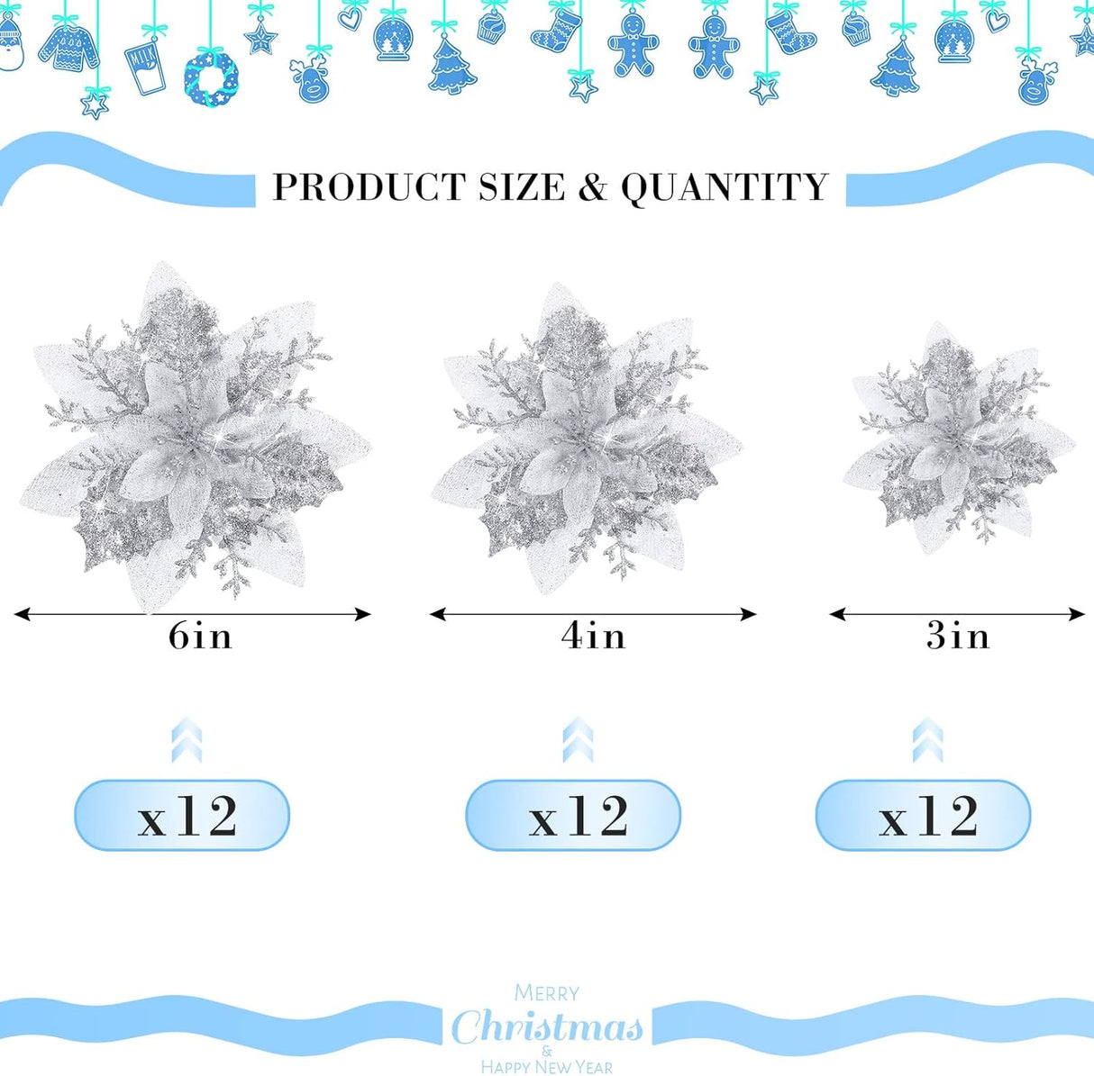 Flores Poinsettia Artificiales, 36 Pcs, 3-6 Pulgadas, Clips