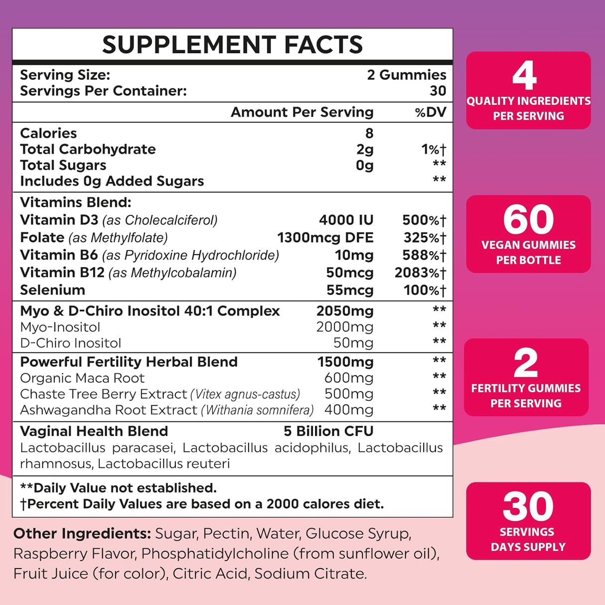 Suplemento de Fertilidad para Mujeres, 60 Gummies, con Inositol, Folato