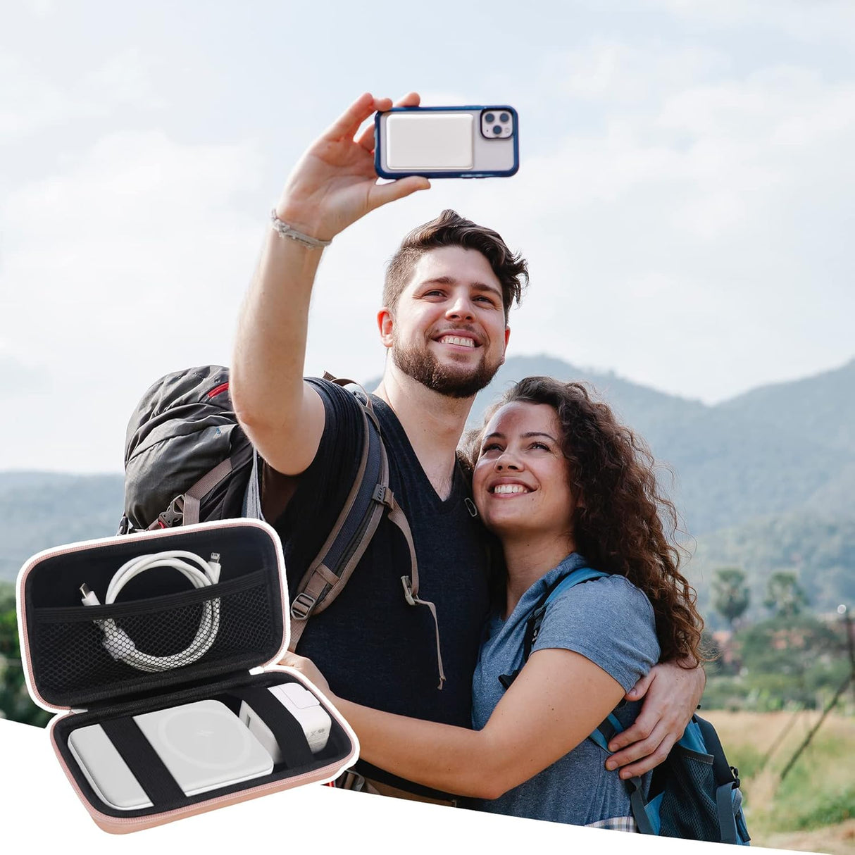 Elonbo Estuche rígido de viaje para Anker 622/633 / 521 batería magnética (MagGo), cargador portátil inalámbrico plegable magnético de almacenamiento de banco de energía, bolsillo de malla adicional para cable de carga, oro rosa