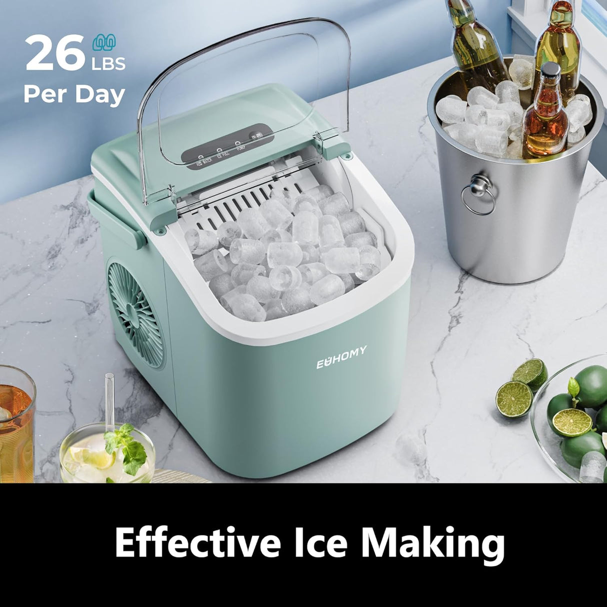 Máquina de Hielo EUHOMY, 26lbs/día, 9 cubos en 6 mins