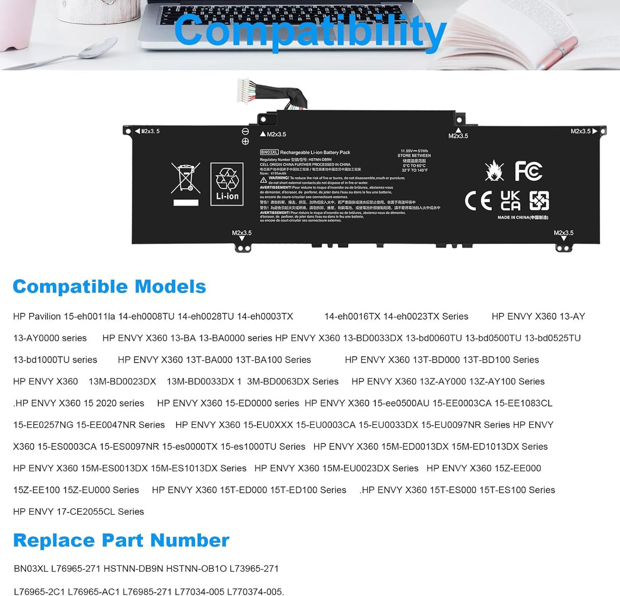 Batería BN03XL L77034-005 para HP Envy X360 2020