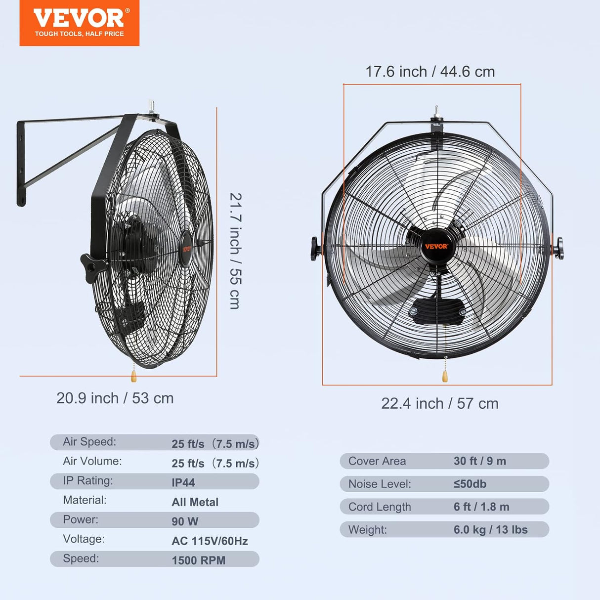 VEVOR Ventilador de Pared 18 3 velocidades IP44, 4150 CFM