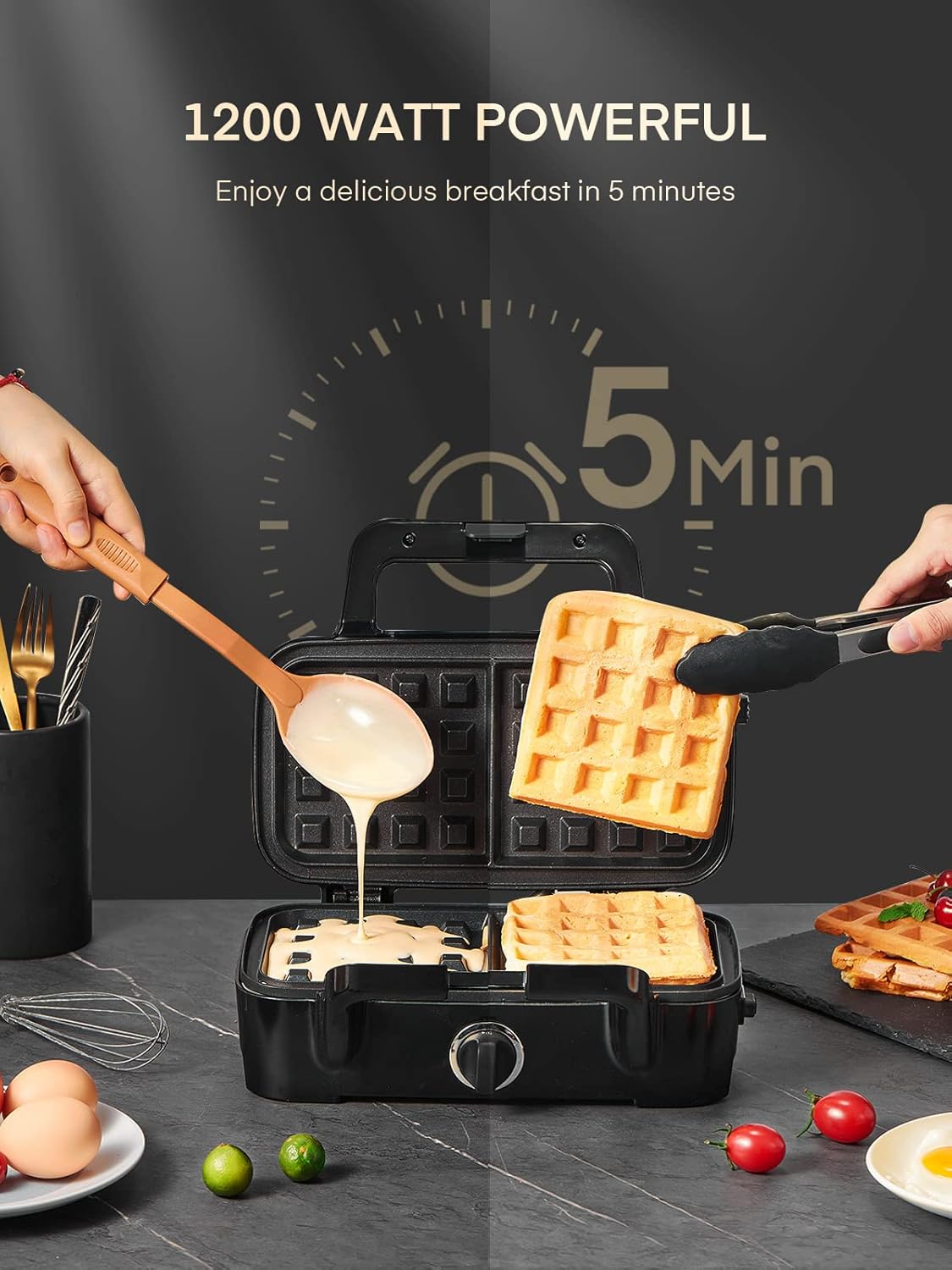 Waffle Maker 3 en 1 FOHERE, 1200W, Placas Removibles, Control T°