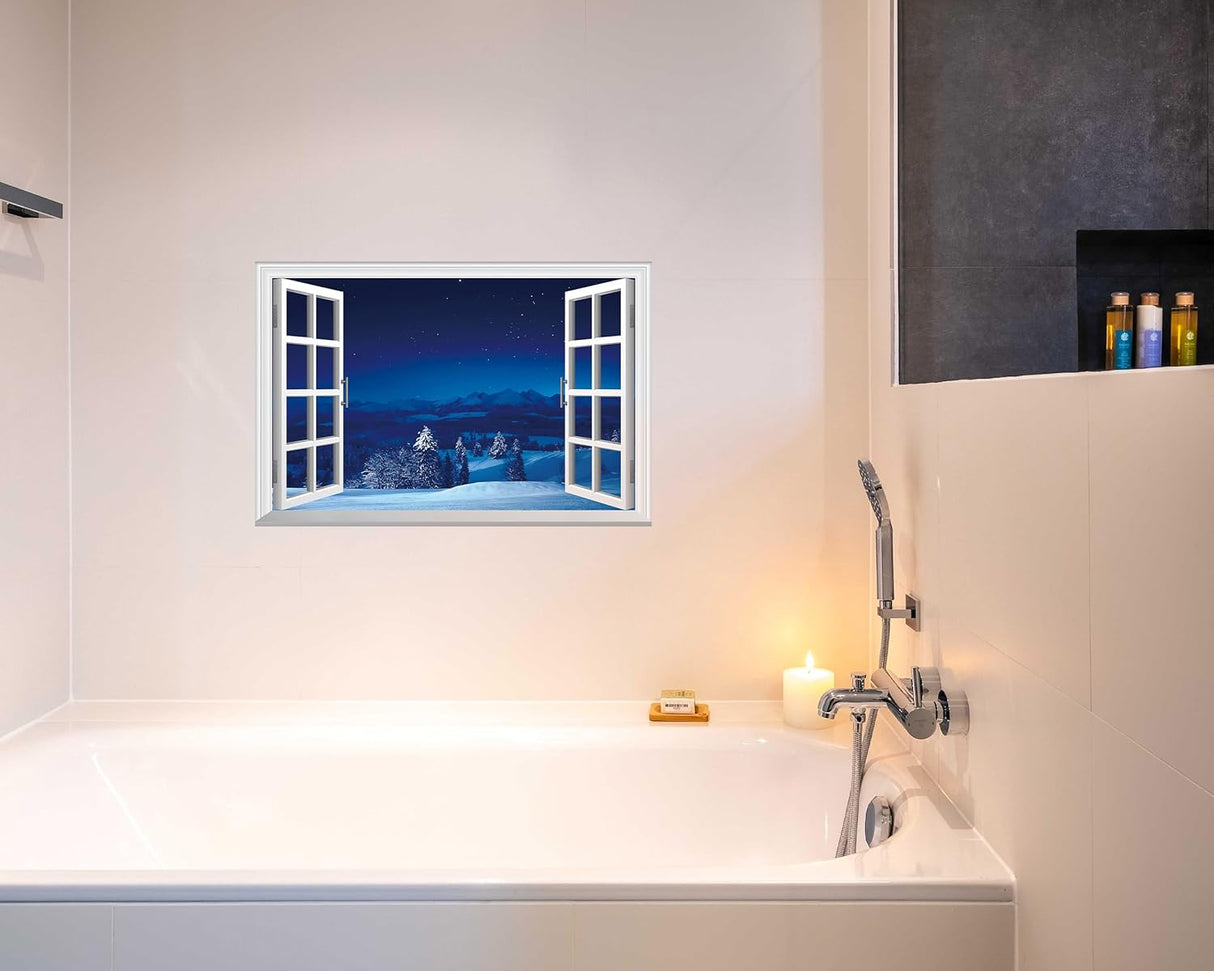 Adhesivo de pared falso para ventana, escena nevada de noche