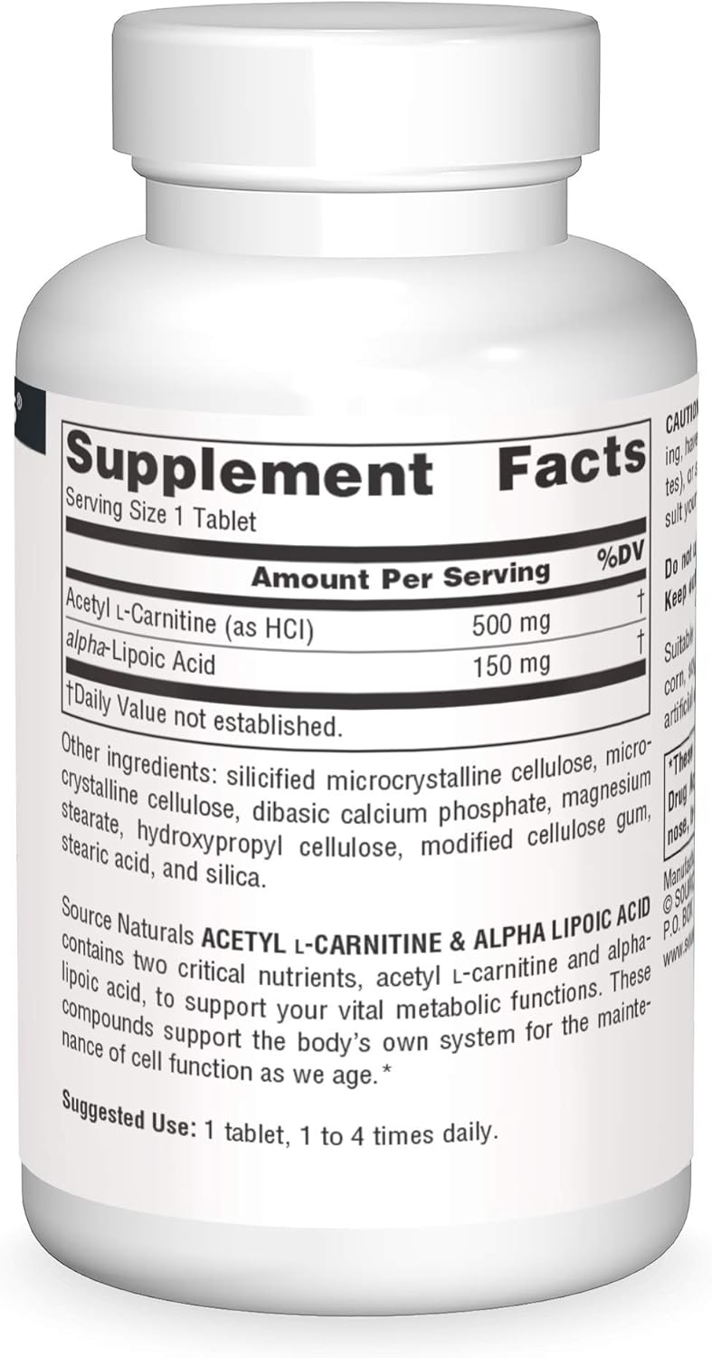 Acetil L-Carnitina y Ácido Alfa-Lipoico 650mg - Source Naturals