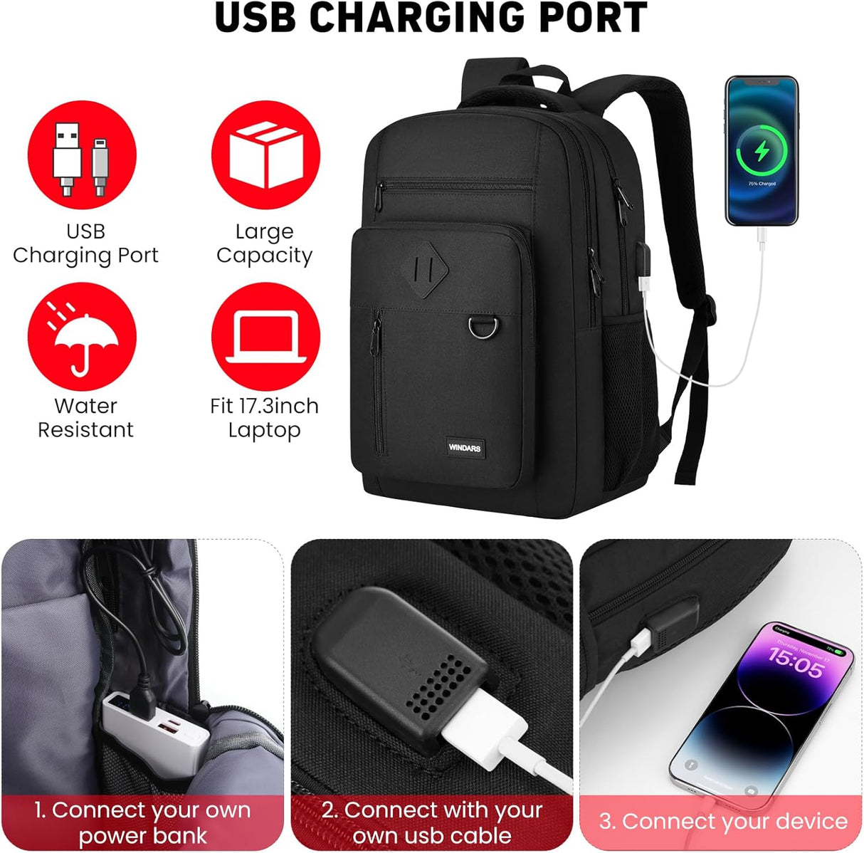 Mochila Casual Unisex, Ligera, 17.3 con Cargador USB, Modelo X