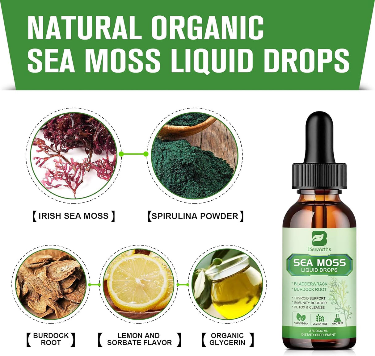 Sea Moss Líquido Orgánico con Spirulina y Burodack, 2oz