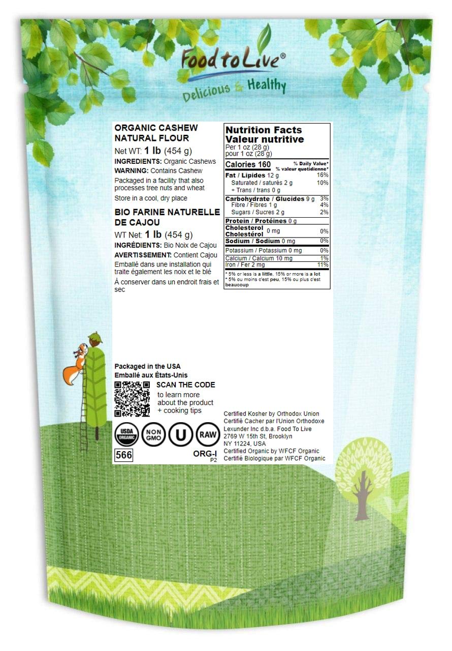 Harina de Anacardo Orgánica Food to Live 1 lb, Natural, Vegan