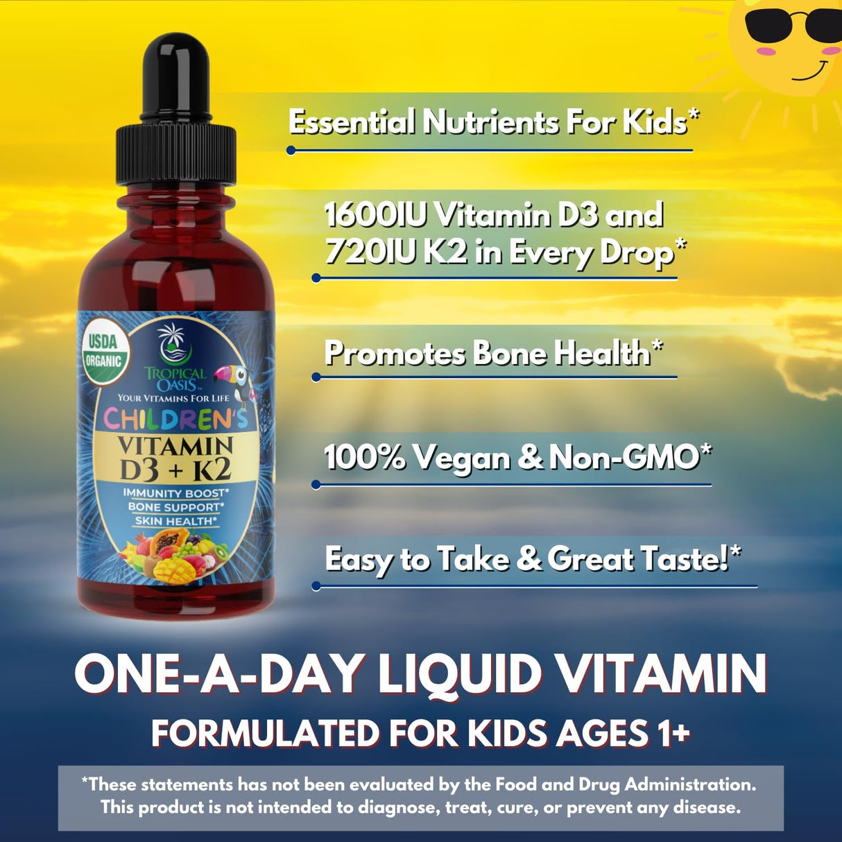 Vitamin D3 K2 Líquido USDA Orgánico | Suplemento para Niños | 2 Fl Oz
