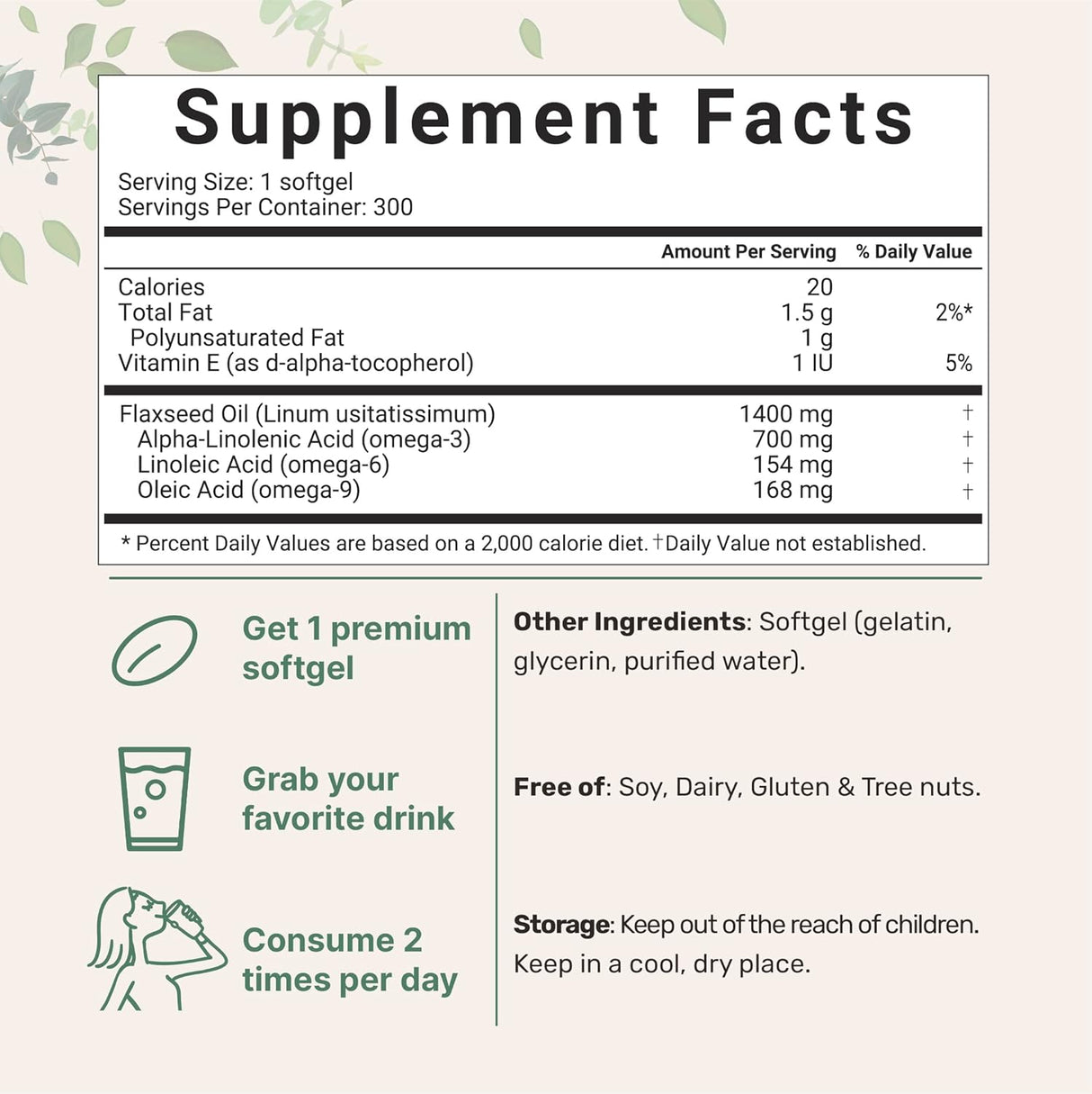 Aceite de Linaza 1400mg, Omega 3, 300 Cápsulas, No GMO