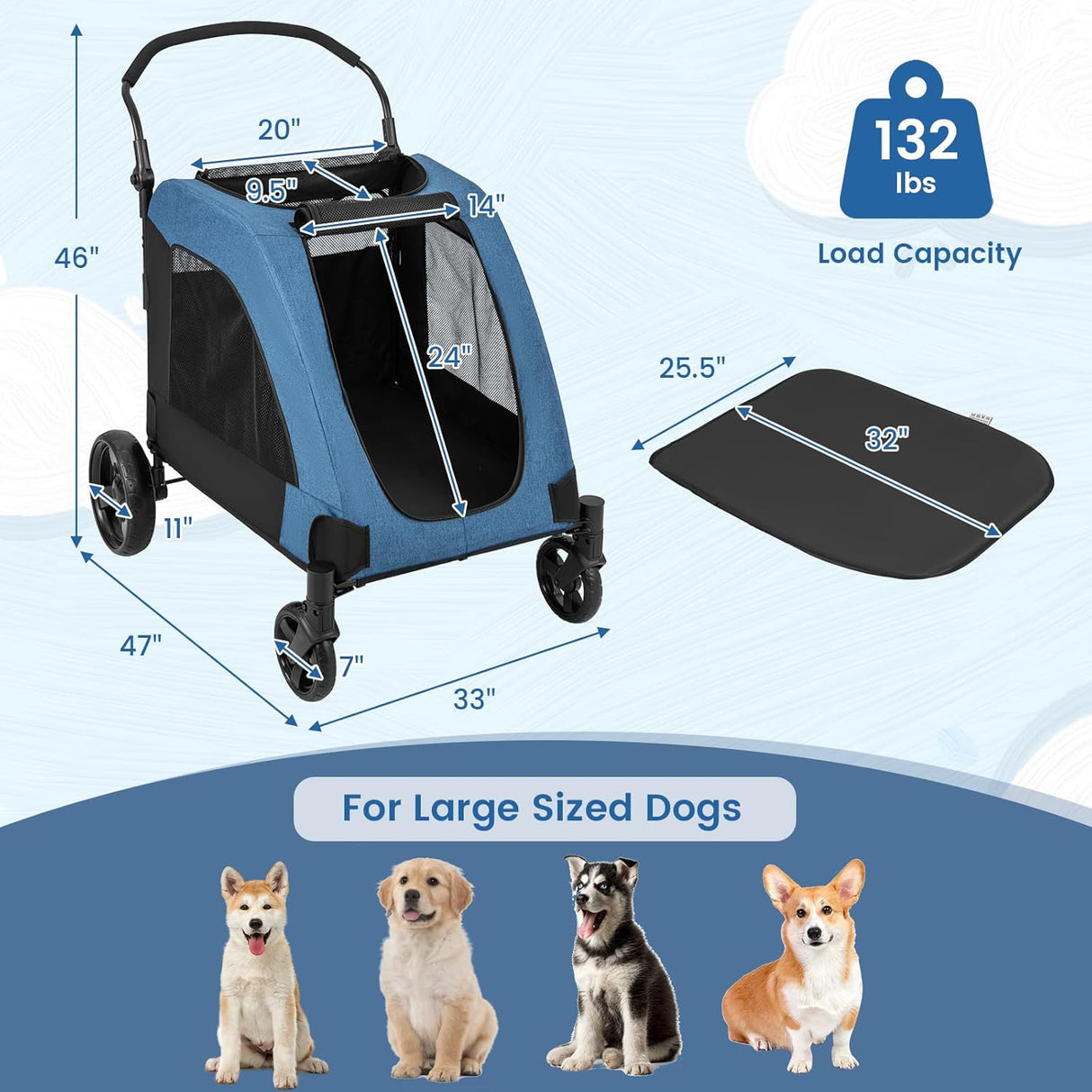 Carrito para Perros Grande Giantex - Plegable, 132 lbs, Ajustable