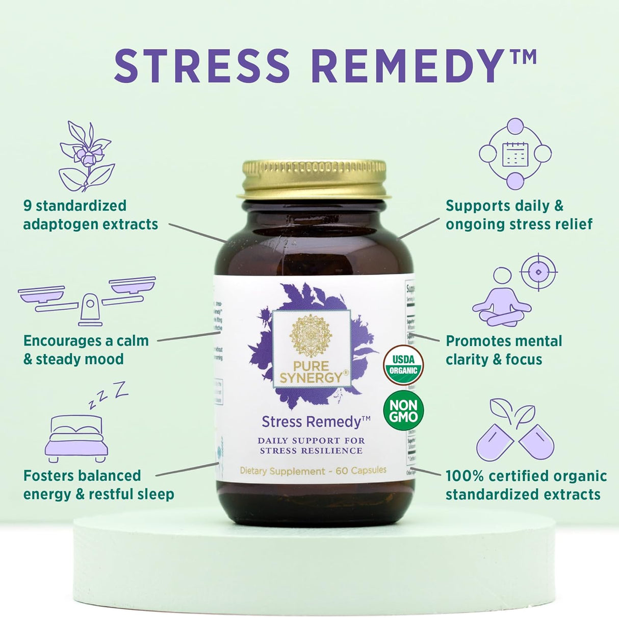 Suplemento Antiestrés PURE SYNERGY con Ashwagandha, 60 Caps