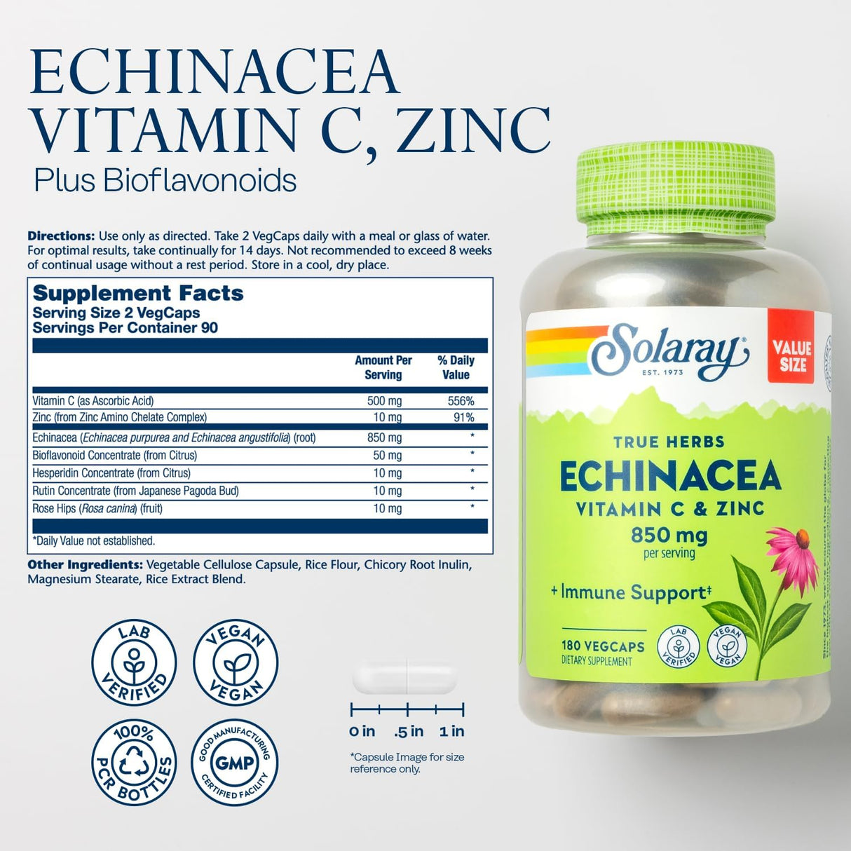 SOLARAY Equinácea Vitamina C y zinc 850 mg más
