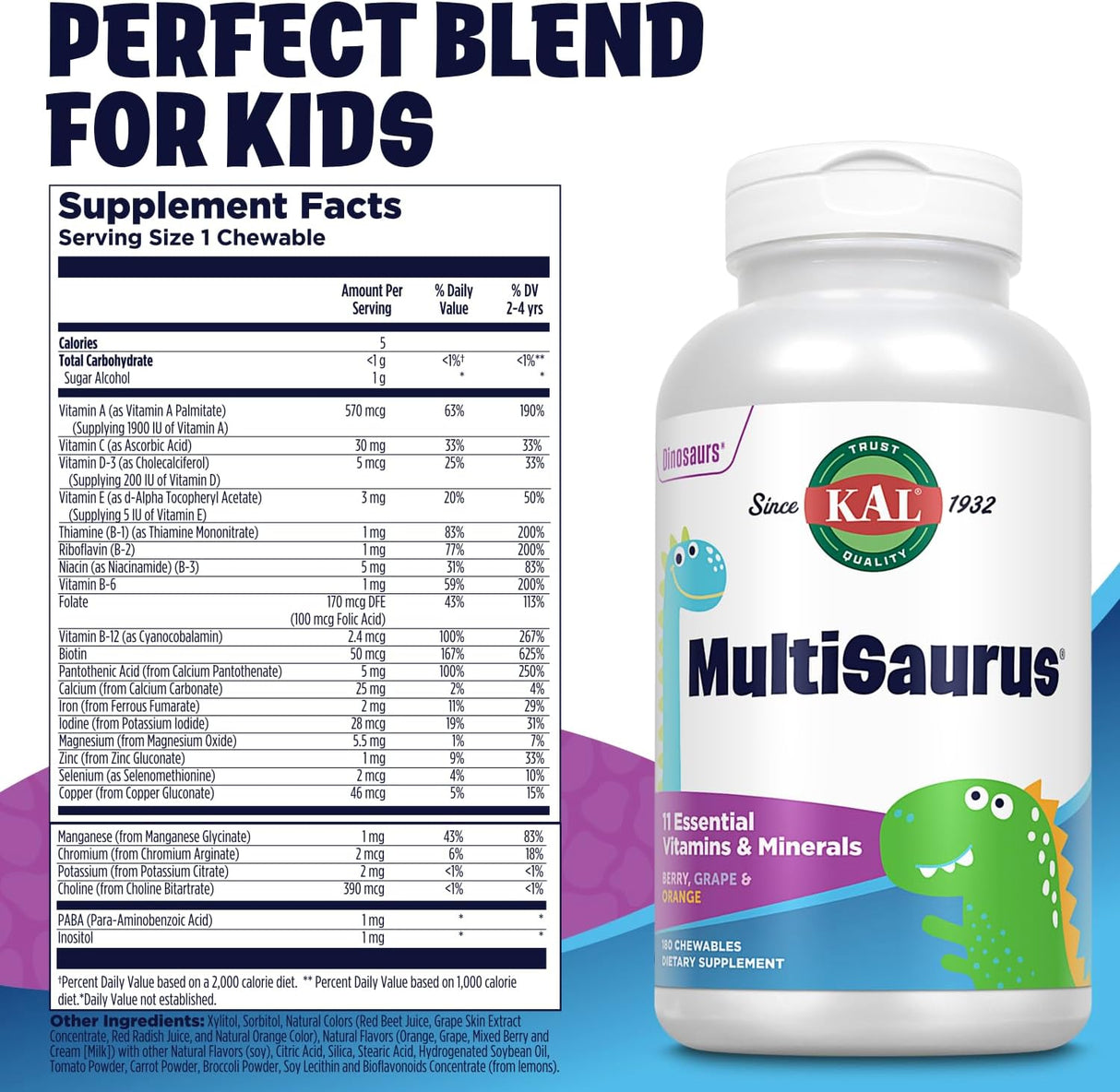Multivitaminas Masticables KAL para Niños, 180 Dinosaurios