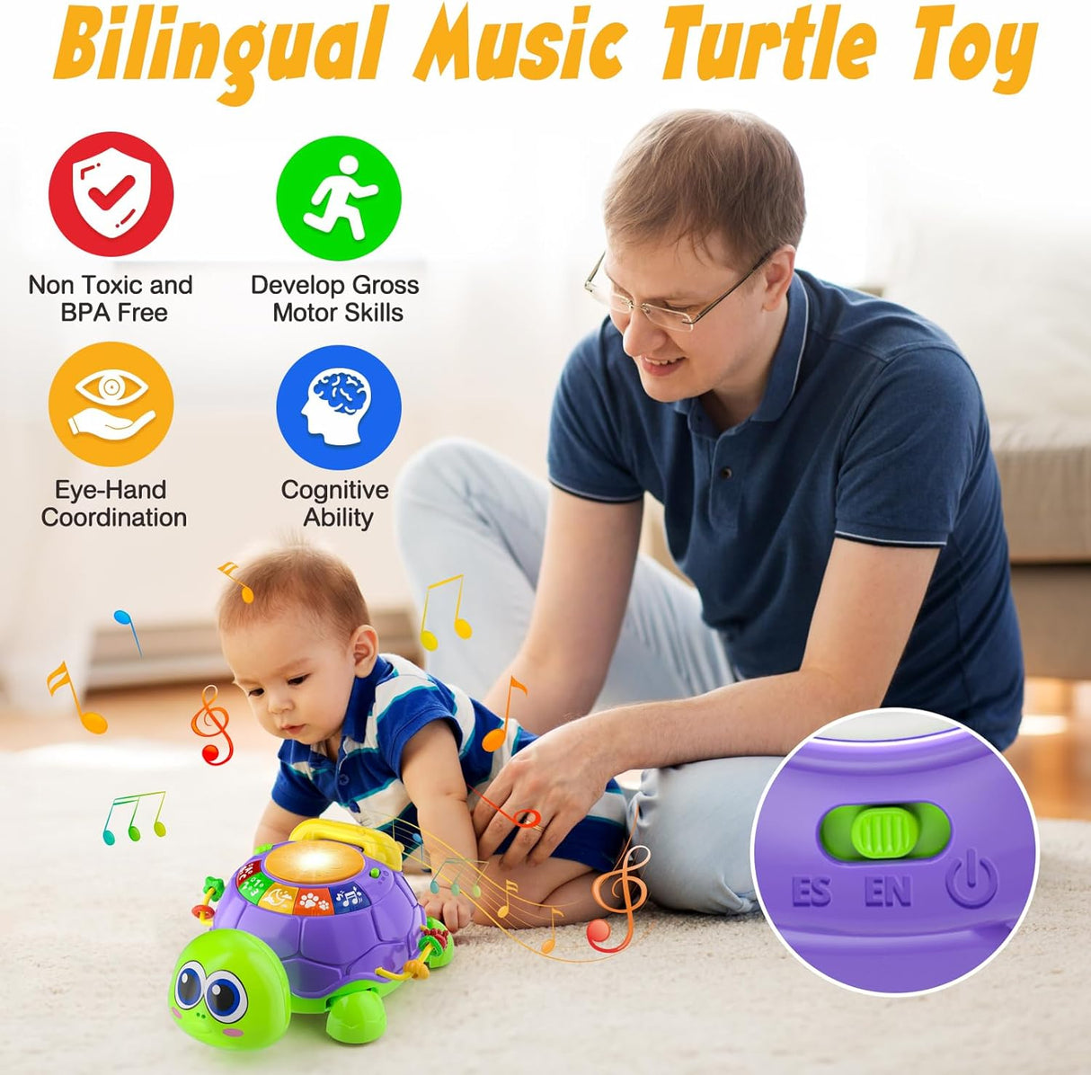 Juguete Musical para Bebés, Desarrollo, Bilingüe, Modelo Tortuga