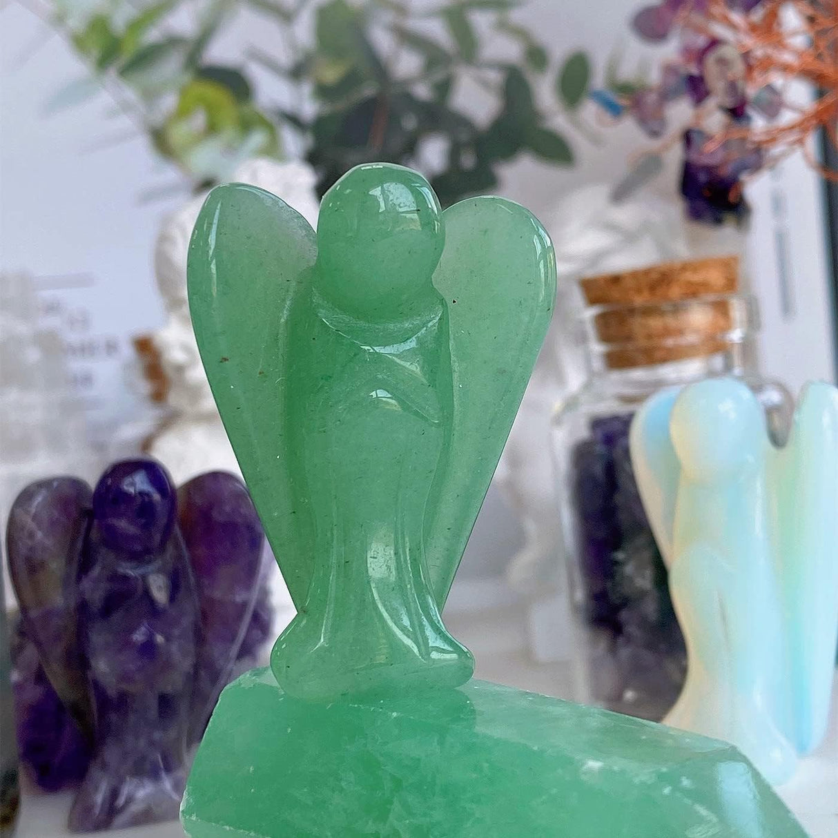 QINJIEJIE Cristales de ángel de aventurina verde tallados bolsillo guardián decoración estatua de cristal pulido estatua de ángel de la paz regalo espiritual meditación proteger para los amantes de