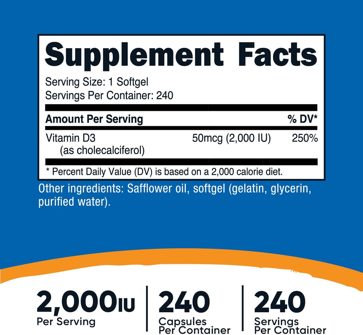 Vitamin D3 Nutricost 2000 IU, 240 Softgels, Sin Gluten