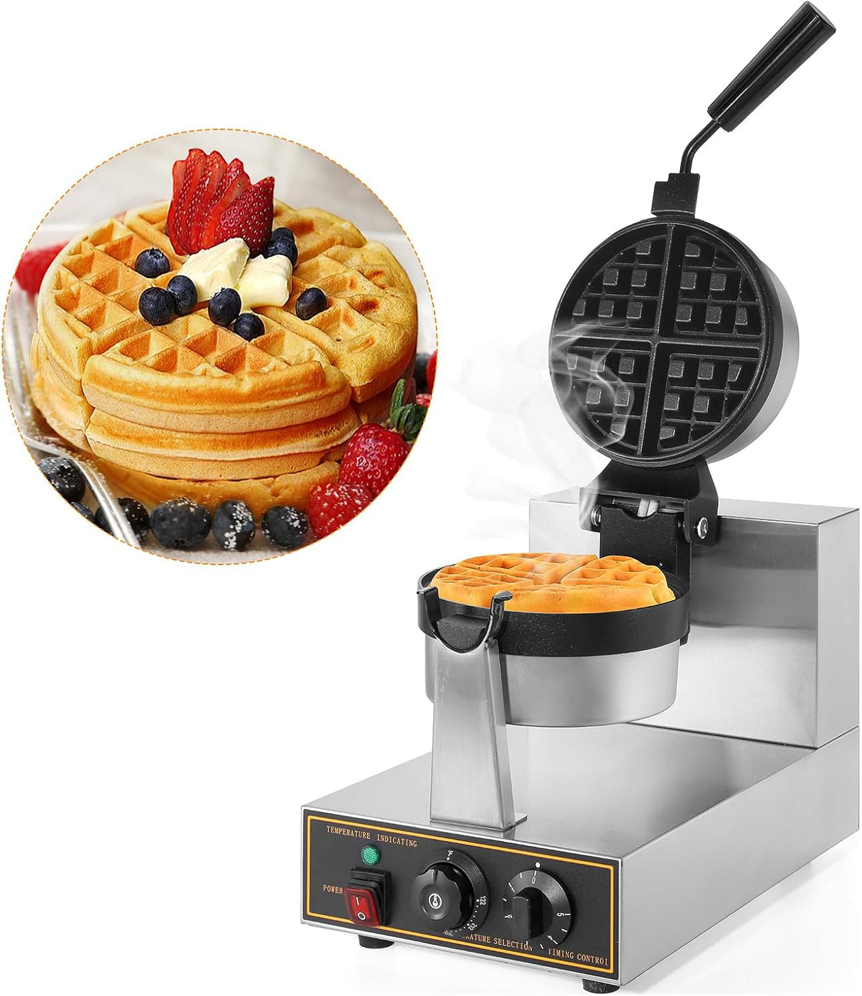 Waffle Maker WICHEMI 360° Flip, No Stick, Control Tiempo, 110V
