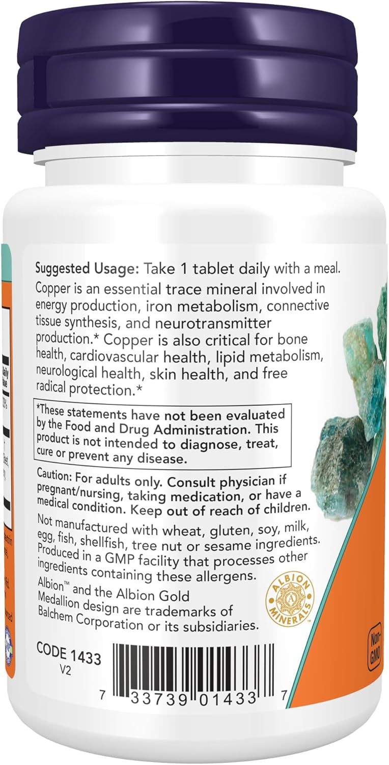 Suplementos de Cobre Glycinate NOW Foods, 120 Tabletas, 3mg