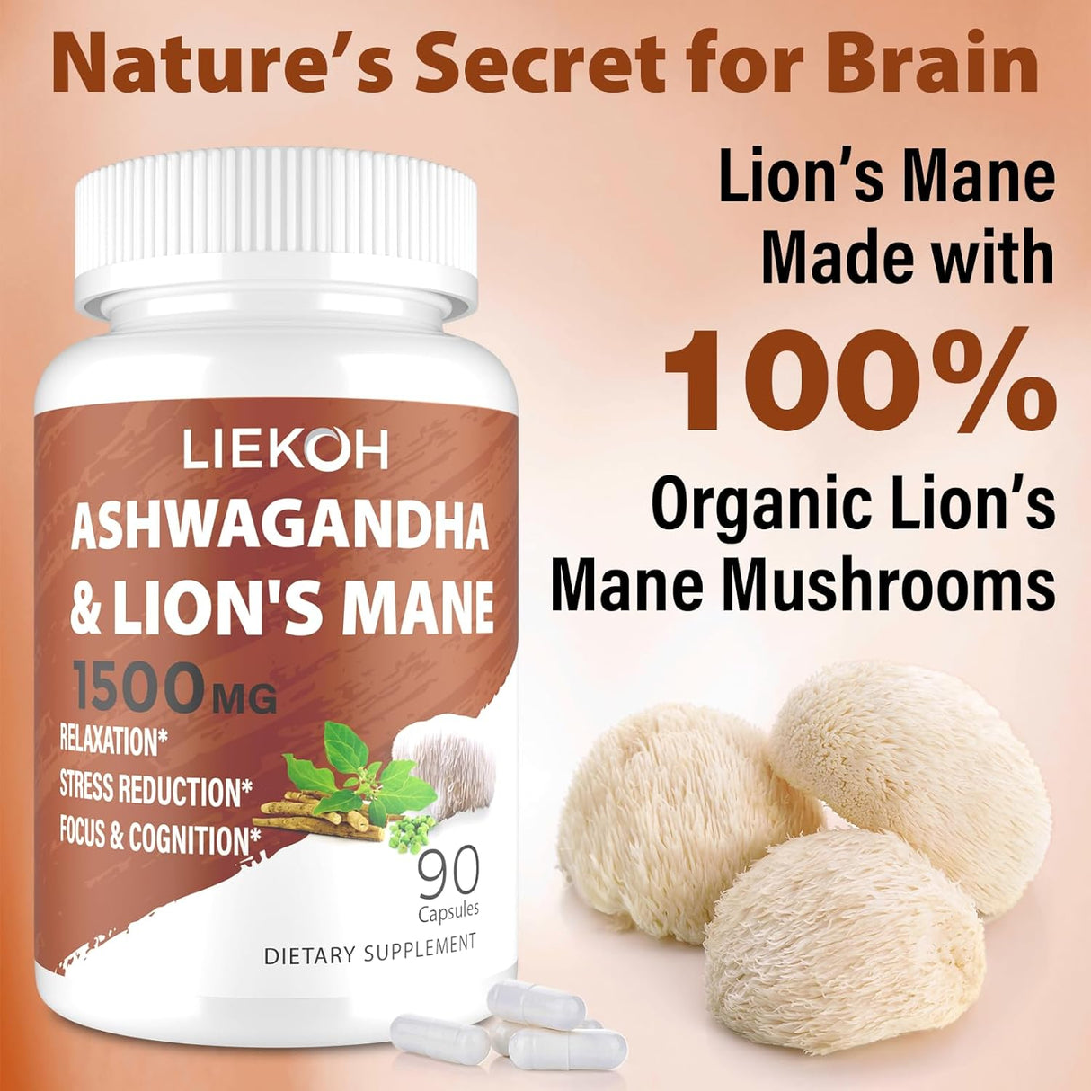 Cápsulas de Ashwagandha y Lion's Mane, Suplemento Cerebral, 90 Caps