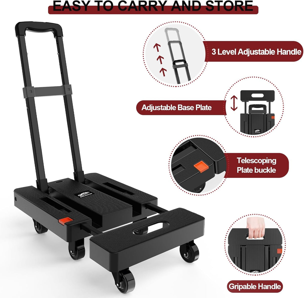 Carretilla Plegable SOLEJAZZ 500LB, 6 Ruedas, 2 Cuerdas Bungee