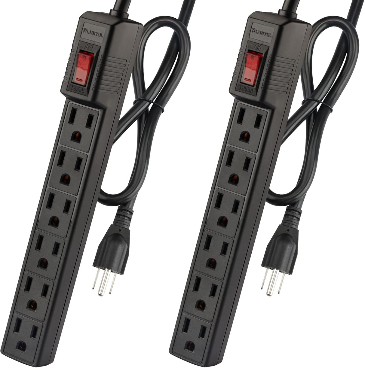 PLUGTUL Paquete de 2 protectores de sobretensiones con 6 tomas de corriente y cable de extensión de 2 pies, 1875 W/15 A, 90 julios, protección contra sobrecargas y sobretensiones, soporte de pared