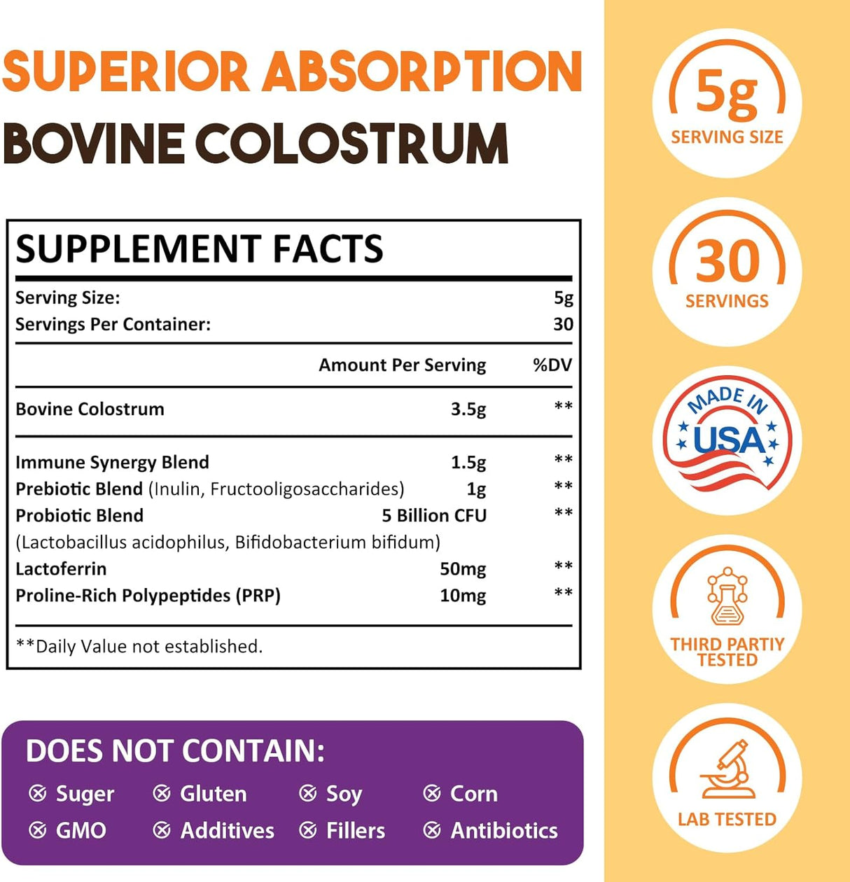 Suplemento de Colostro en Polvo 5000 mg, 30 Porciones