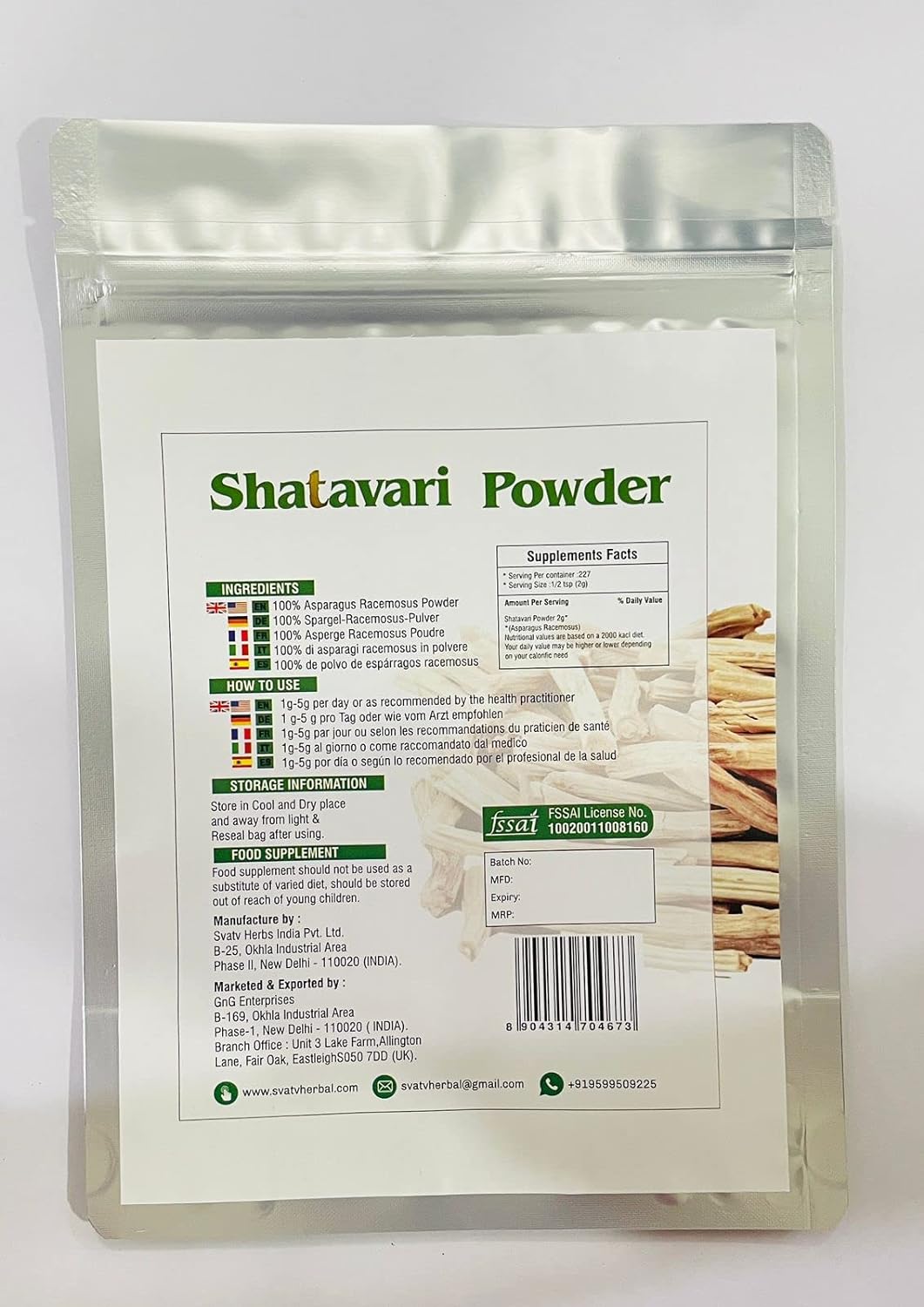 SVATV Shatavari Powder Espárragos racemosos Hierba 8.01 oz