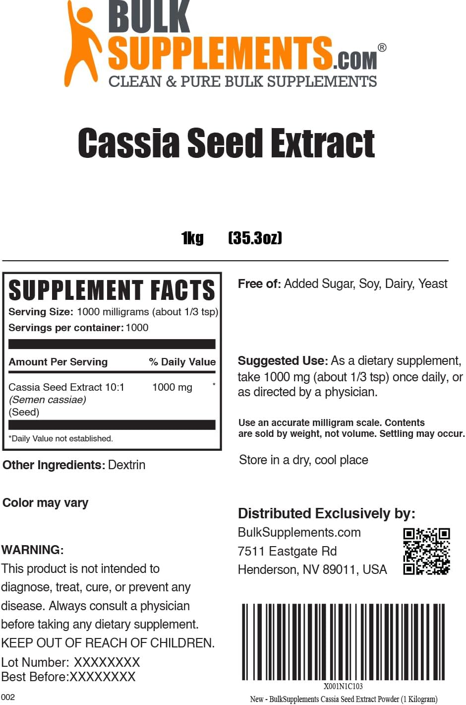 Suplemento BulkSupplements- Extracto de semillas de cassia