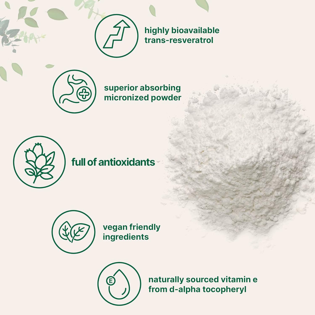 Suplemento polvo puro de trans-resveratrol con vitamina E