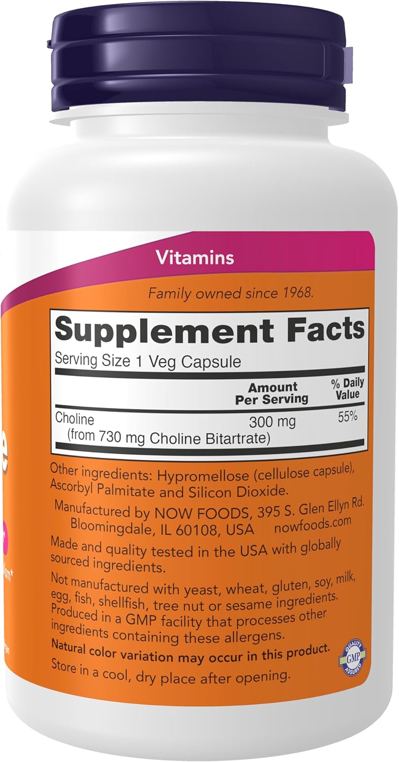 Suplemento de Colina 300 mg, NOW, Apoya Sistema Nervioso y Hígado, Vegano