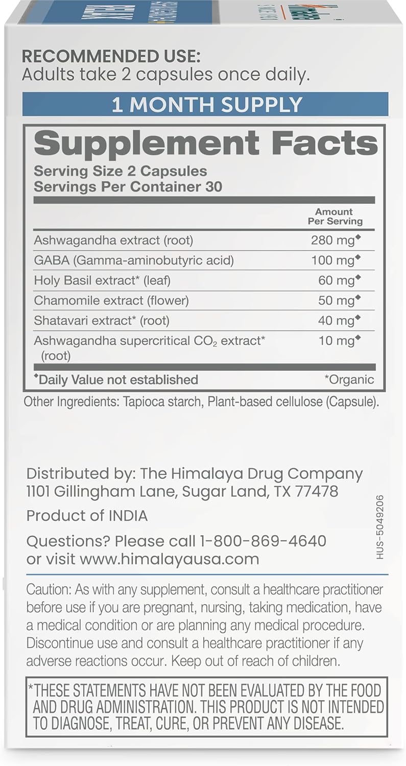 Ashwagandha+ Relax Himalaya, GABA, Albahaca Sagrada, 60 Cápsulas
