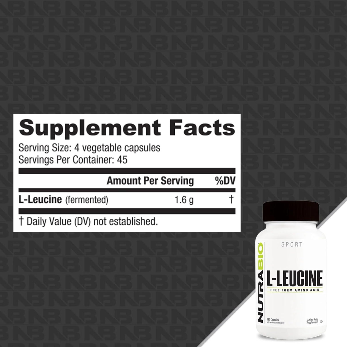 L-Leucina 100% Pura NutraBio - 400mg, 180 Cápsulas Veganas