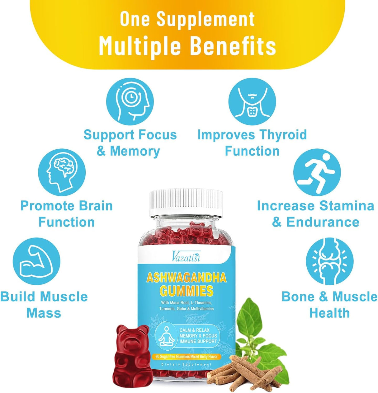 Suplemento Gomitas de Ashwagandha sin azúcar raíz de maca