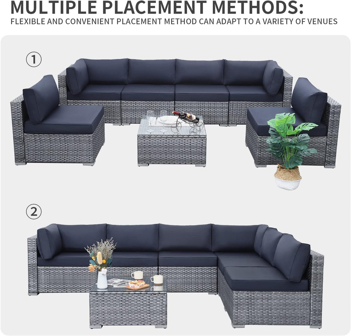 Valita Juego de muebles de mimbre PE para exteriores, 7 piezas, sofá seccional de ratán gris con cojines lavables azul oscuro