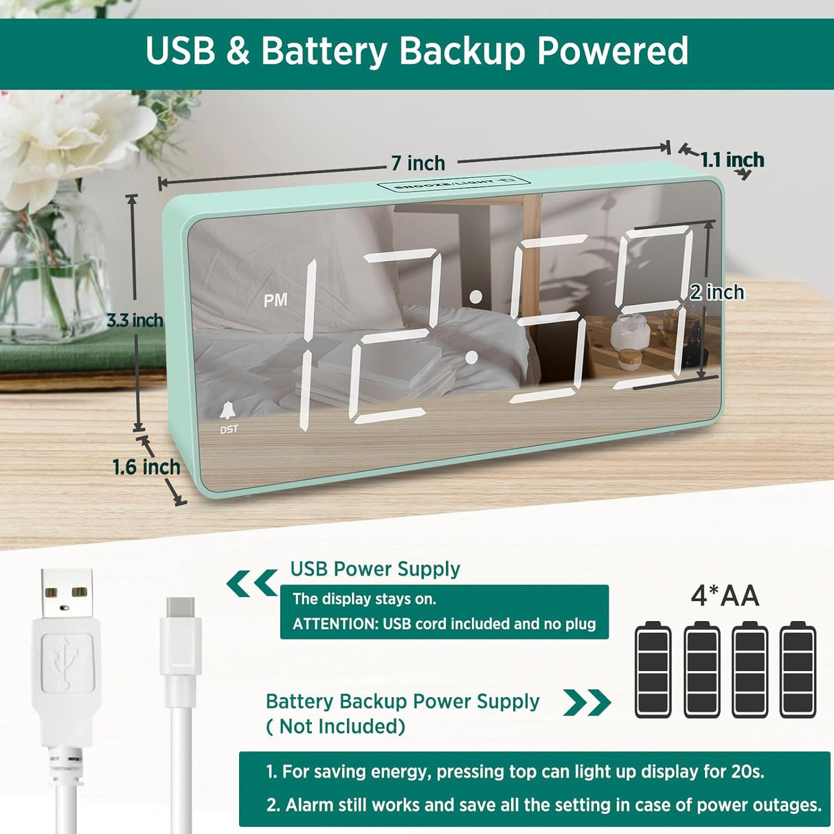 Reloj Digital con Alarma, Números Grandes, Respaldo de Batería