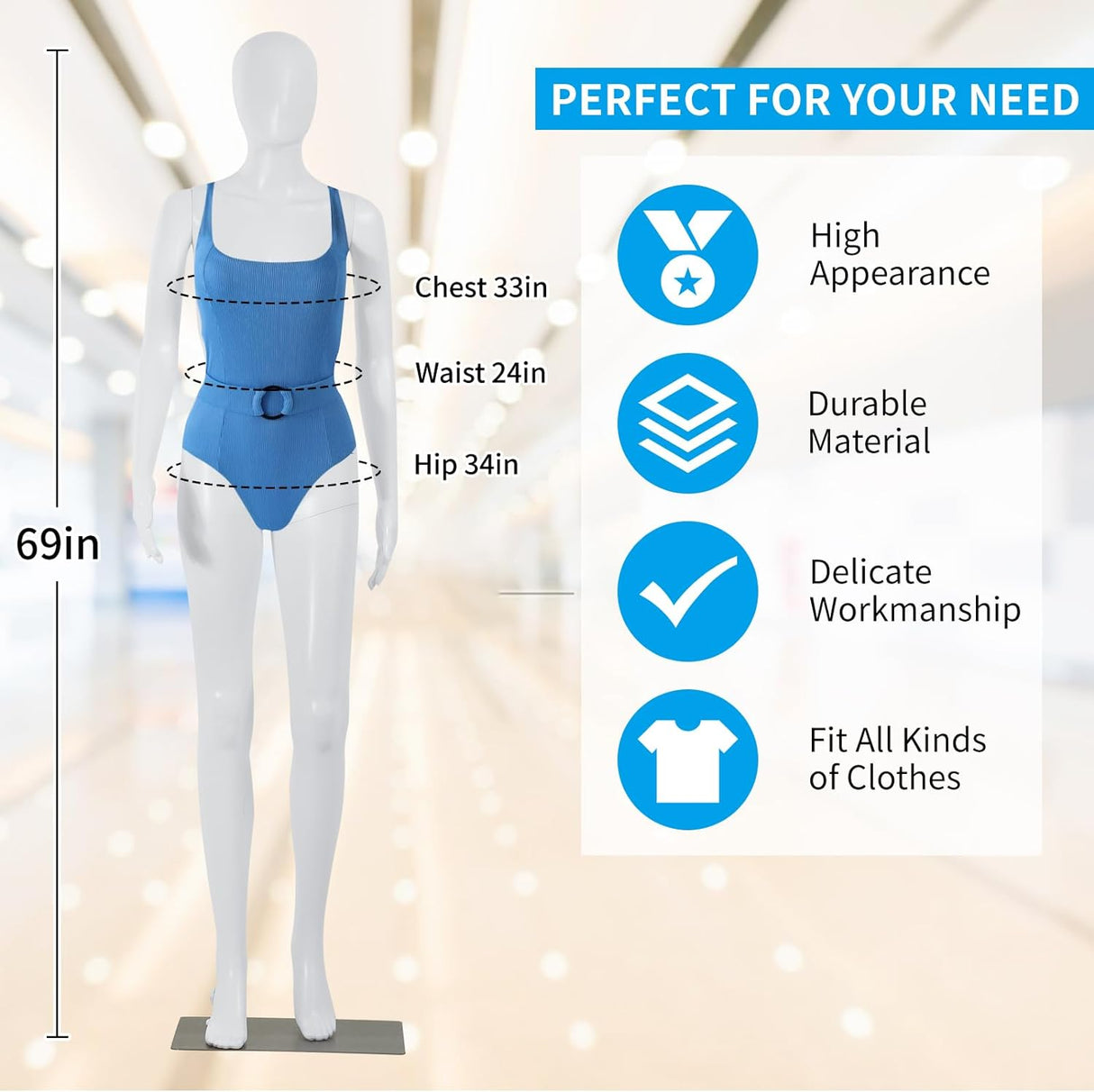 Maniquí Femenino Ajustable con Base de Metal, Modelo 69