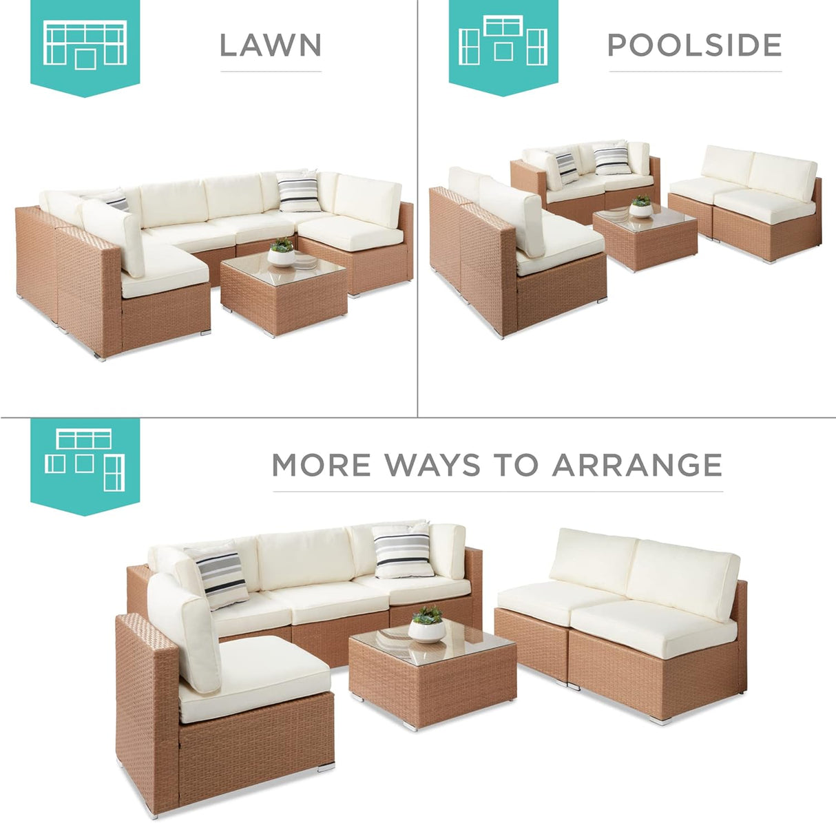 Best Choice Products Juego de sofá modular de mimbre modular de 7 piezas para exteriores con 6 sillas, 2 almohadas, clips de asiento, mesa auxiliar, funda incluida, natural/marfil