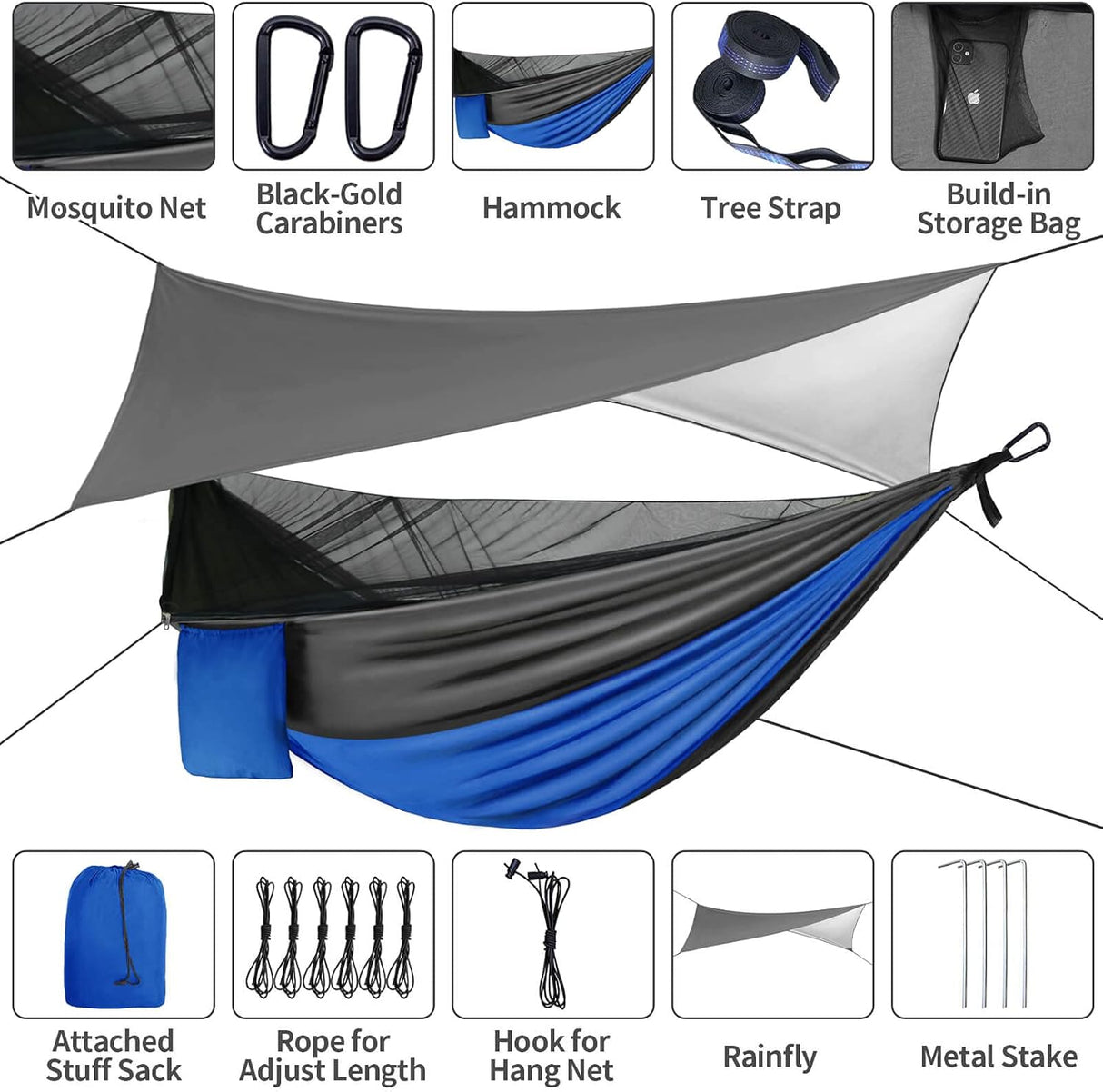 Hamaca Camping con Mosquitero y Lona, Portátil, Doble, Nylon