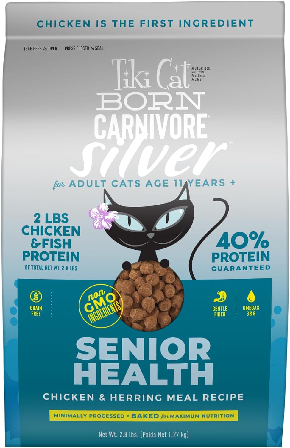 Tiki Cat Born Carnivore Silver, Senior Health, Receta de comida de pollo y arenque, apoyo inmunológico con croquetas horneadas para maximizar los nutrientes, alimento seco para gatos adultos mayores de 11 años, bolsa de 2.8 libras