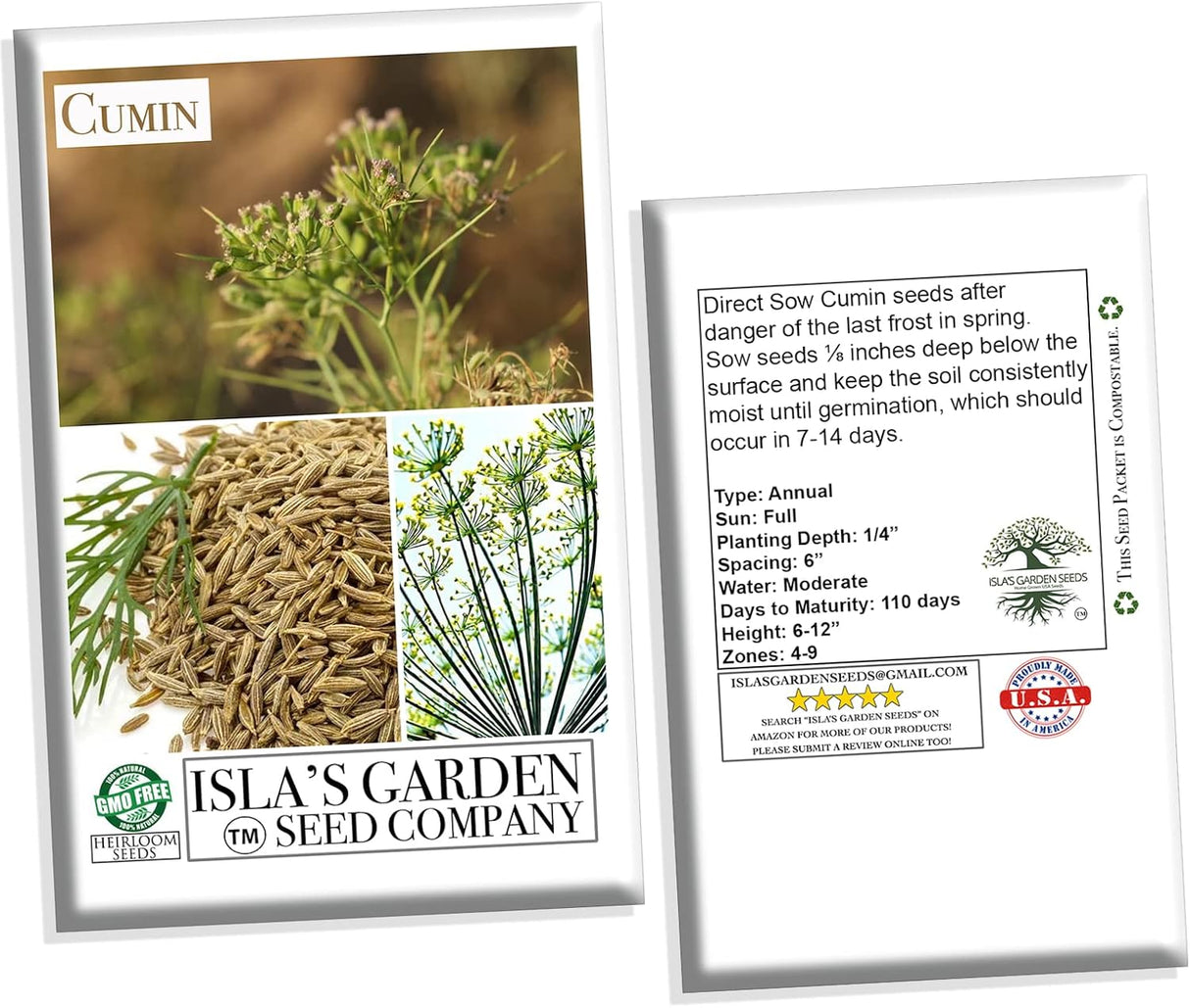 Semillas de Comino, Isla's Garden Seeds, No GMO, 300+ semillas